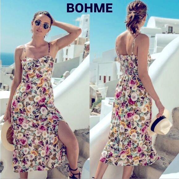 NWT Bohme Kim Floral Midi Strapy sleeveless Dress W/ Slit in Pink Size S - Picture 1 of 9